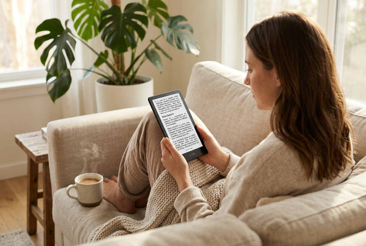 A woman reading the expl-AI-n ebook on her e-reader