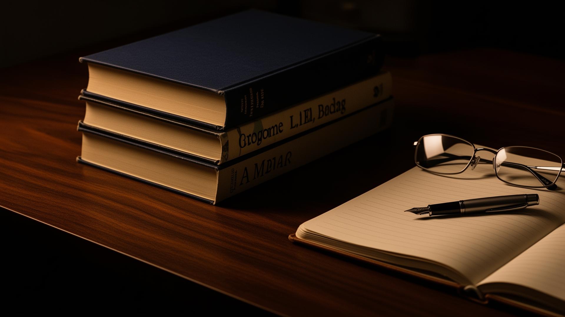 A stack of books with reading glasses and a notebook on a warm desk