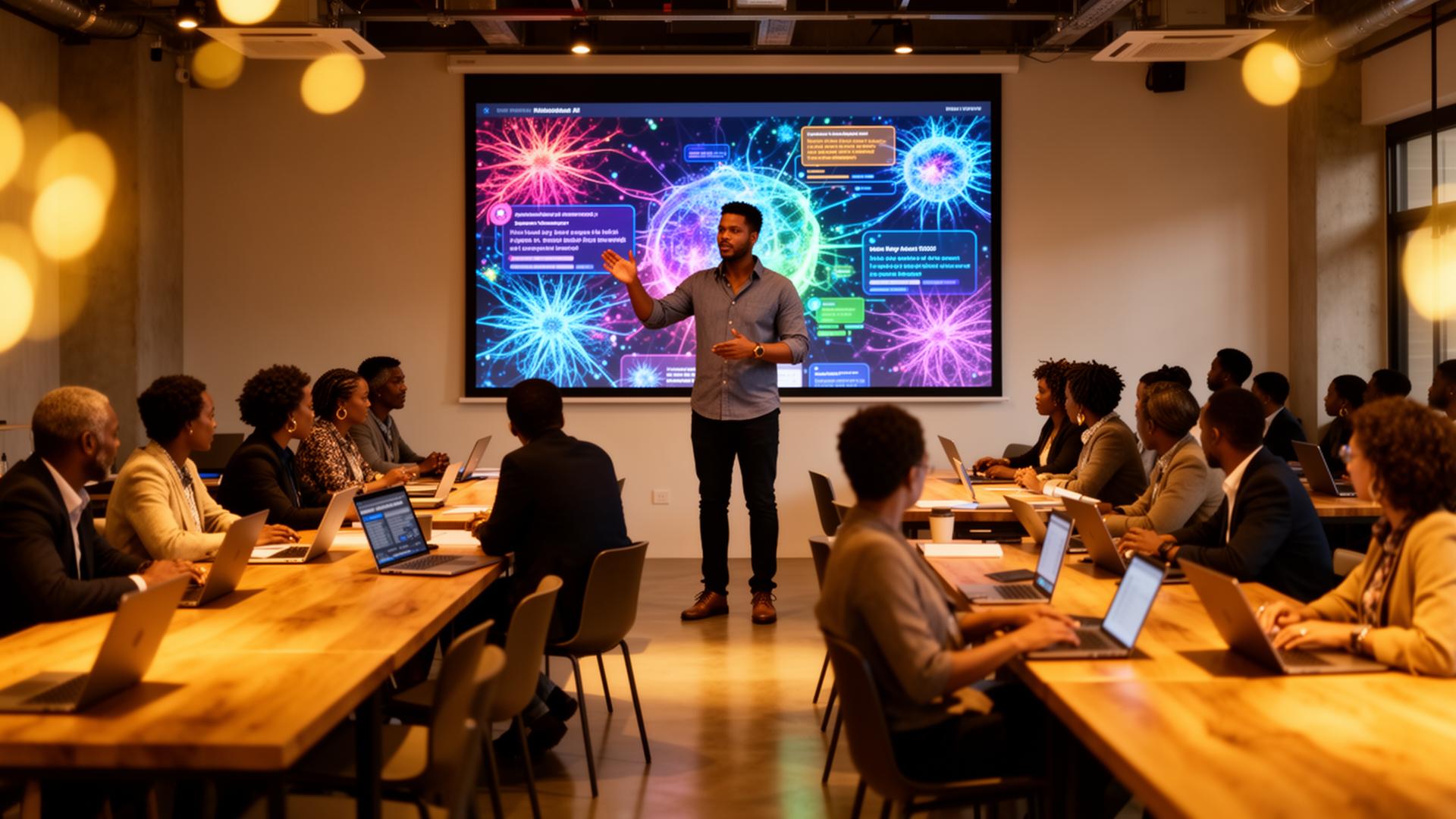 Attendees and presenter at a Pixel Pro Media AI workshop
