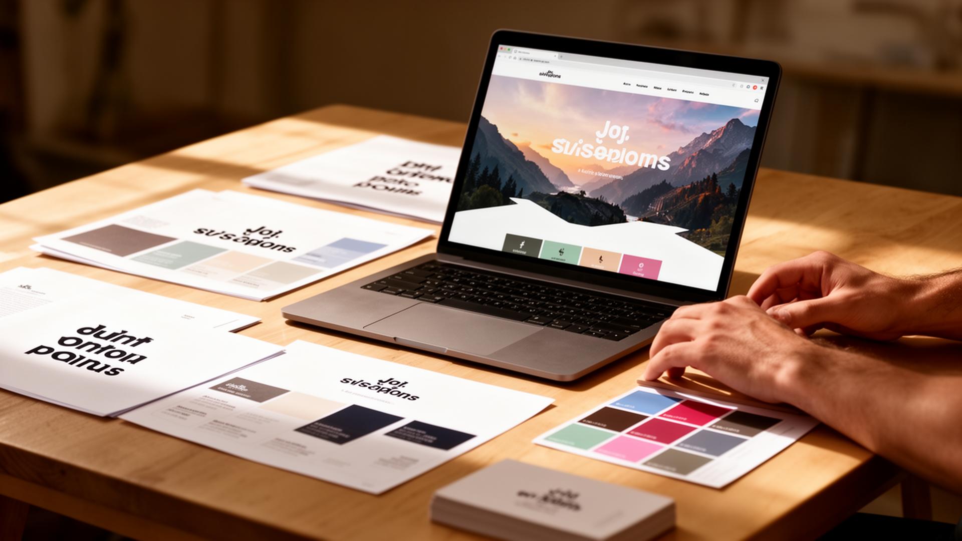 Brand identity artwork and a website design open on a laptop