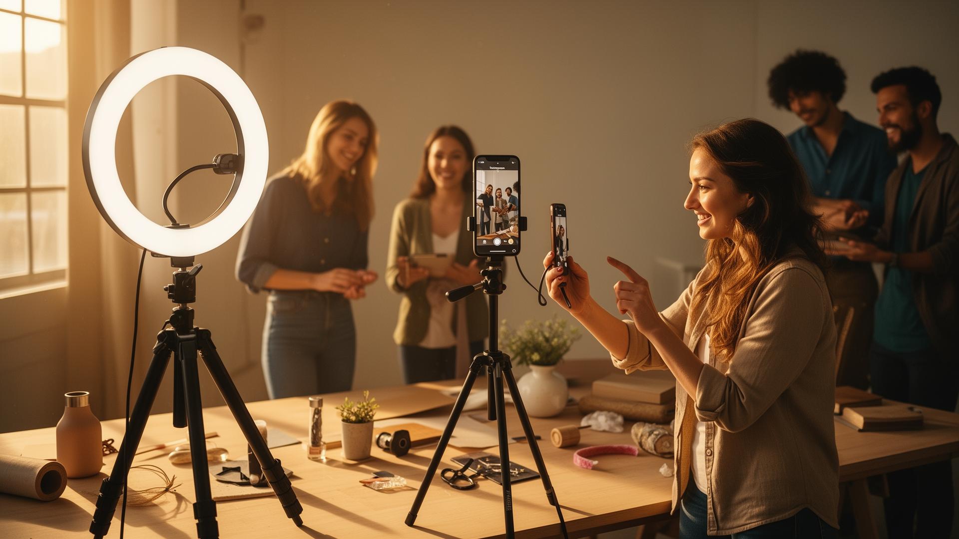 A social media content shoot with a ring light and phone on a tripod